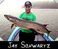 Jay Schwartz with his 46 1/2&ldquo; musky, guided by Chuck Brod