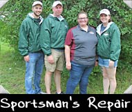 Sportsmans Repair Shop 2023 - Bob Knoll, Randy Lewandowski, Greeter Sally Salber, Amy Weeks
