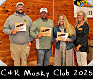 Team C&R Musky Club 2025 from left Zachary Waechter, Jeff Huettl, Victoria Gaweda, greeter Julie Steebs